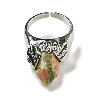 Hexagonal Prism Natural Unakite Open Cuff Rings RJEW-B106-01P-07-1