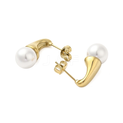 304 Stainless Steel Shell Pearl Round Stud Earrings for Women EJEW-U020-27G-1