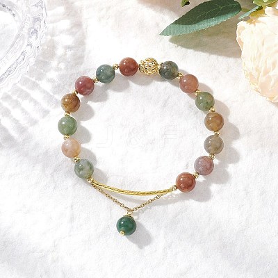 3Pcs Natural Indian Agate & Citrine & Aquamarine & Rose Quartz & Amethyst Round Beaded Bracelets BJEW-JB11925-1