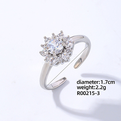 Flower Platinum Brass Open Cuff Ring with Cubic Zirconia EG7863-31-1