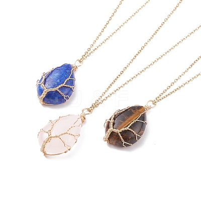 Natural Gemstone Teardrop with Tree Pendant Necklaces NJEW-JN03869-1