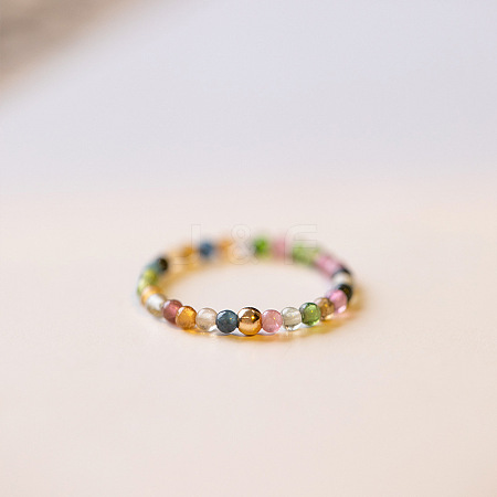 Natural Rainbow Tourmaline Round Beaded Finger Rings WGDC3AE-01-1