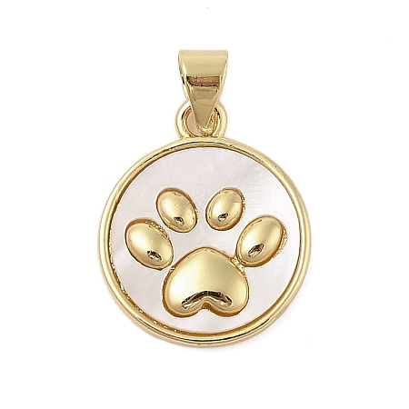 Dog Paw Print Rack Plating Brass with Natural Shells Pendants X-KK-Z074-25G-1