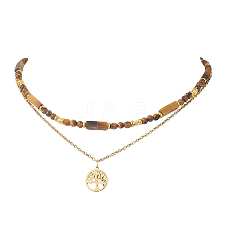 Tree of Life 304 Stainless Steel Pendant Cable Chain and Natural Tiger Eye Rectangle Round Beaded Double Layer Necklaces NJEW-JN05713-1