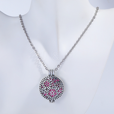 Alloy Essential Oil Diffuser Locket Pendant Necklaces with Pink Plush Aromatherapy Disc Inside Box QP4484-1