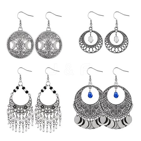 4Pair 4 Style Filigree Coin Dangle Earrings EJEW-SW00009-1