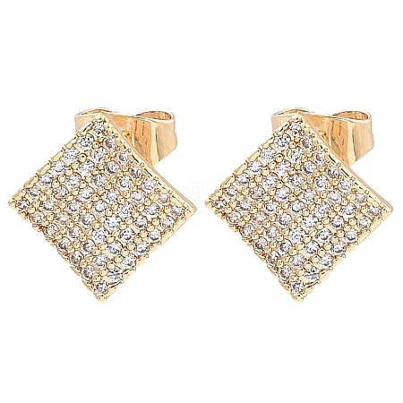 Brass Micro Pave Clear Cubic Zirconia Rhombus Stud Earrings for Women EJEW-G362-09KCG-1