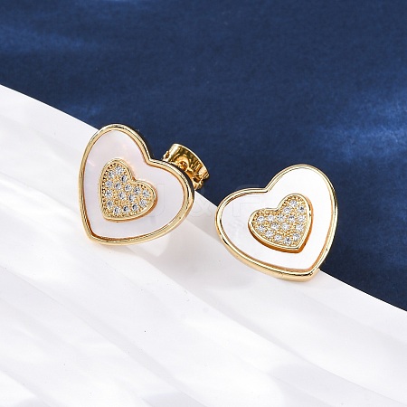 Heart Brass Micro Pave Clear Cubic Zirconia Stud Earrings KK-D363-12B-G-1