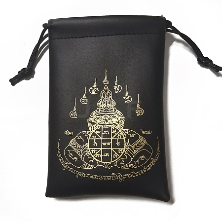 Printed Black PU Leather Buddha Thai Amulet Storage Drawstring Bags PW-WG43352-03-1