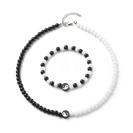 Polymer Clay Yin Yang & Acrylic Round Beaded Necklace and Stretch Bracelet SJEW-JS01243-1
