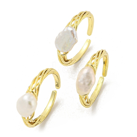 Brass Open Cuff Rings with Natural Pearl RJEW-H220-32G-1