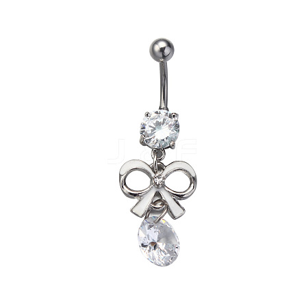 Alloy Pave Cubic Zirconia Bowknot Curved Barbell Dangle Belly Rings FS-WG3E776-04-1-1