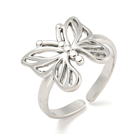 Non-Tarnish 304 Stainless Steel Butterfly Open Cuff Ring for Women RJEW-A043-21P-1