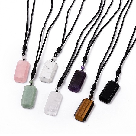 Adjustable Natural Mixed Gemstone Rectangle Pendant Necklace with Nylon Cord for Women NJEW-L171-03-1