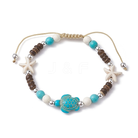 Starfish & Tortoise Synthetic Turquoise Braided Bead Bracelet BJEW-JB09967-02-1