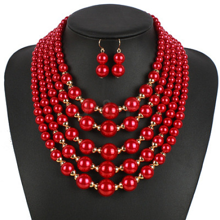 ABS Plastic Imitation Pearl Round Beaded Multilayer Necklaces & Dangle Earrings Sets WGC2095-01-1