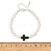 Dyed Synthetic Turquoise Black Religion Cross & Natural Pearl Rice Beaded Bracelets BJEW-JB14403-4