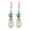 Starfish Brass with Synthetic Turquoise & Cowrie Shell Dangle Earrings EJEW-JE06141-01-1