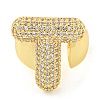 Brass Micro Pave Clear Cubic Zirconia Letter Open Cuff Ring for Women RJEW-M173-01G-T-2