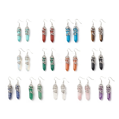 Gemstone Bullet with Flower Dangle Earrings EJEW-G300-02P-1