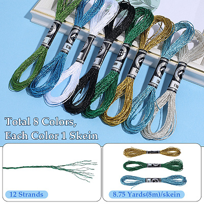 8 Skeins 8 Colors 12-Ply Metallic Polyester Embroidery Floss OCOR-CY0004-56B-1