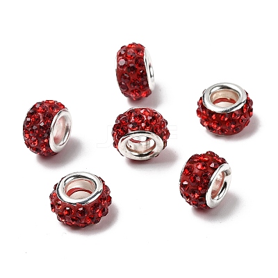 Polymer Clay Rhinestone European Large Hole Beads with Silver Color Plated Brass Cores FPDL-R002-06-1