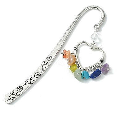 3Pcs 3 Style Fleur-de-lis/Woven Net/Heart Alloy Pendant Bookmark with Chakra Gemstone Chips AJEW-TA00008-1