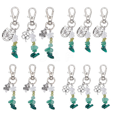 12Pcs 3 Styles Natural Peridot & Quartz Crystal & Green Aventurine & Malachite Chips Pendant Decorations HJEW-GO00101-1