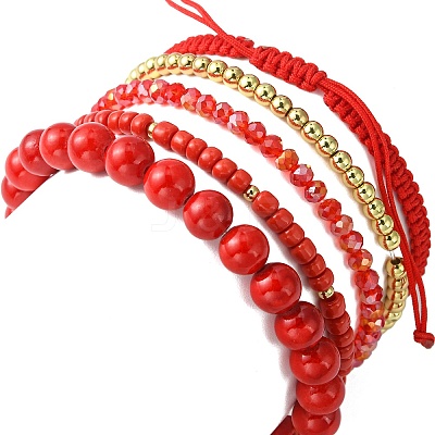 5Pcs 5 Style Glass & Brass Beaded Stretch Bracelets Set BJEW-TA00298-1