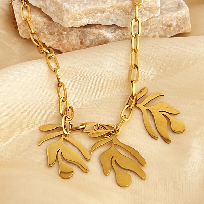 304 Stainless Steel Triple Leaves Pendant Paperclip Chain Necklaces NJEW-K389-02G-1