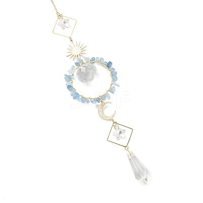 Sun Moon Ring Brass & Natural Aquamarine Chip Suncatcher HJEW-JM05027-01-1