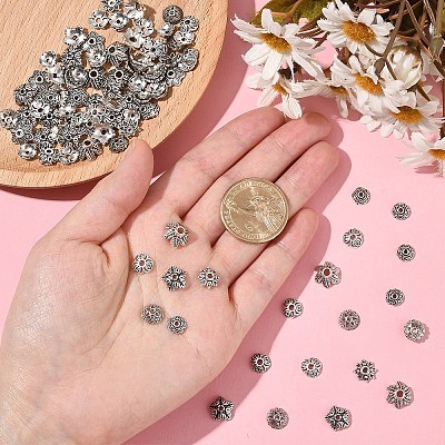400Pcs 7 Style Tibetan Style Alloy Bead Caps TIBE-YW0001-80-1