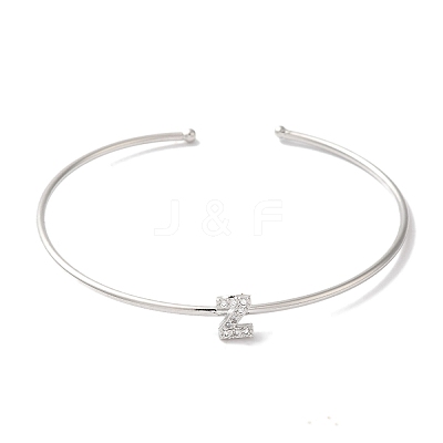 Rack Plating Brass Micro Pave Clear Cubic Zirconia Letter Open Cuff Bangles BJEW-A018-01P-Z-1