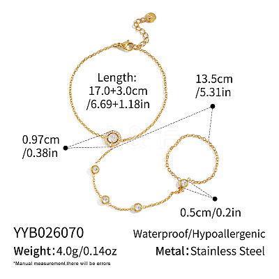 304 Stainless Steel Pave Flat Round Clear Cubic Zirconia Hand Chain Ring Bracelets for Women KK9979-1