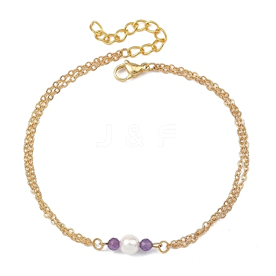 White Round Shell Pearl & Natural Amethyst Beads Anklets AJEW-AN00835-01-1