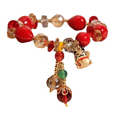 Teardrop & Fortune Cat Alloy Glass Charm Bracelets FS-WG2F667-01-1
