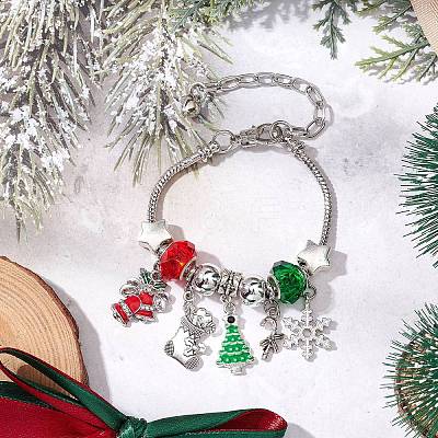 Christmas Theme Glass & Alloy European Beads Bracelets for Women BJEW-JB11198-03-1