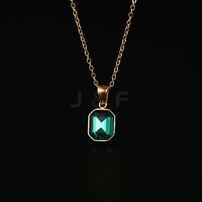 Glass Rectangle Pendant Necklace with Golden Stainless Steel Chains ZR6442-1