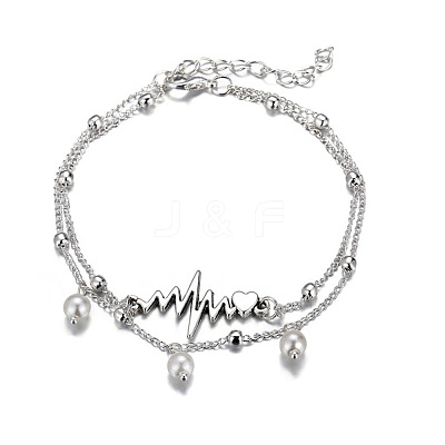 Alloy Heartbeat & Plastic Pearl Bead Tassel Double Layer Anklets for Women FS-WG27204-01-1