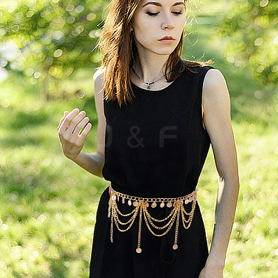 2Pcs 2 Colors Bohemian Alloy Multi-layered Chain Tassel Waist Belly Chains for Women AJEW-HS0001-52-1