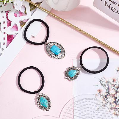 3Pcs 3 Styles Rubber & Synthetic Turquoise Elastic Hair Accessories AJEW-CY0001-75-1