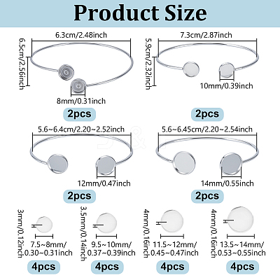 8Pcs 4 Styles 304 Stainless Steel Cuff Blank Bangle Bases with Flat Round Tray STAS-UN0064-29-1
