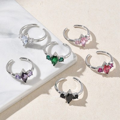 Brass Micro Pave Cubic Zirconia Cuff Open Rings for Women RJEW-L343-14P-1