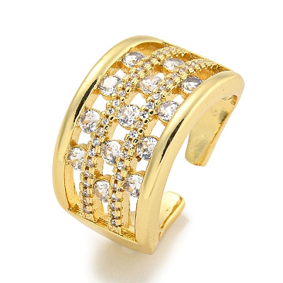 Rack Plating Three Row Brass Micro Pave Cubic Zirconia Open Cuff Ring RJEW-C082-03G-1