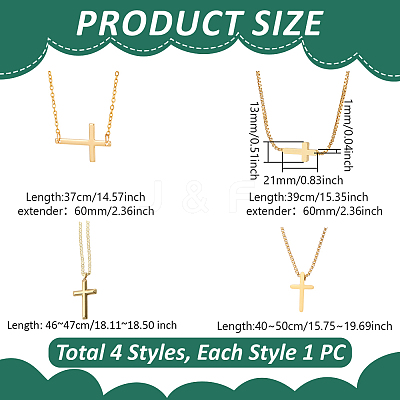4Pcs 4 Styles Brass & 304 Stainless Steel Sideways Cross Box Chain Necklaces for Women NJEW-UN0001-67-1