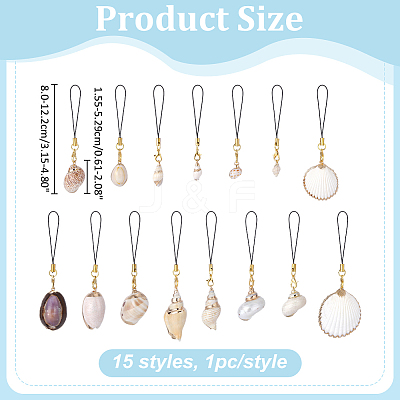 15Pcs 15 Styles Electroplated Natural Mixed Shell Mobile Straps HJEW-ME00097-1