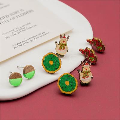 4 Pairs Snowman & Christmas Hat & Wreath Printed Wood Stud Earrings EJEW-OY001-06-1