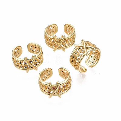 Real 18K Gold Plated Brass Initial X Cuff Ring RJEW-S045-128-NF-1