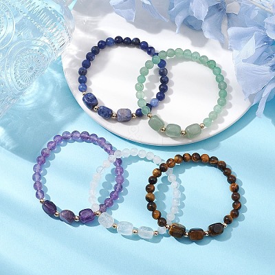 Natural & Synthetic Mixed Gemstone Cube & Round Beaded Stretch Bracelets BJEW-JB10807-1