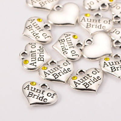 Wedding Theme Antique Silver Tone Tibetan Style Heart with Aunt of Bride Rhinestone Charms X-TIBEP-N005-09-1